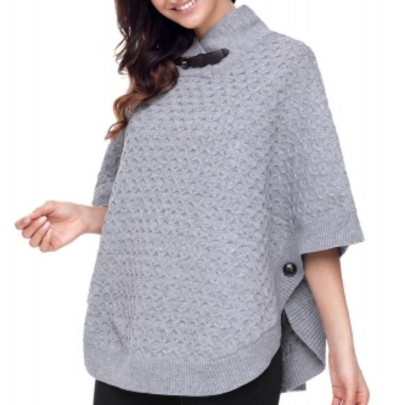 Gray High Neck Waffle Knit Poncho - Picture 4 of 7